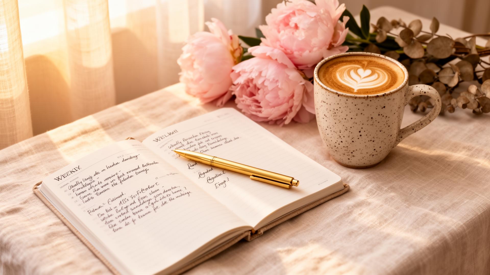 An open weekly planner with a peach mug and dried flower on soft linen in morning light