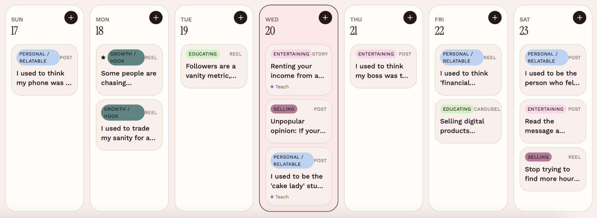 A week view inside Pillar showing seven days of pre-written posts, each tagged by content pillar and format
